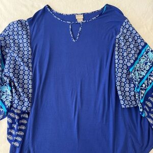 Chico's 4 Size XXL Blue Abstract Print Batwing Sleeve Round Neck Top CH1